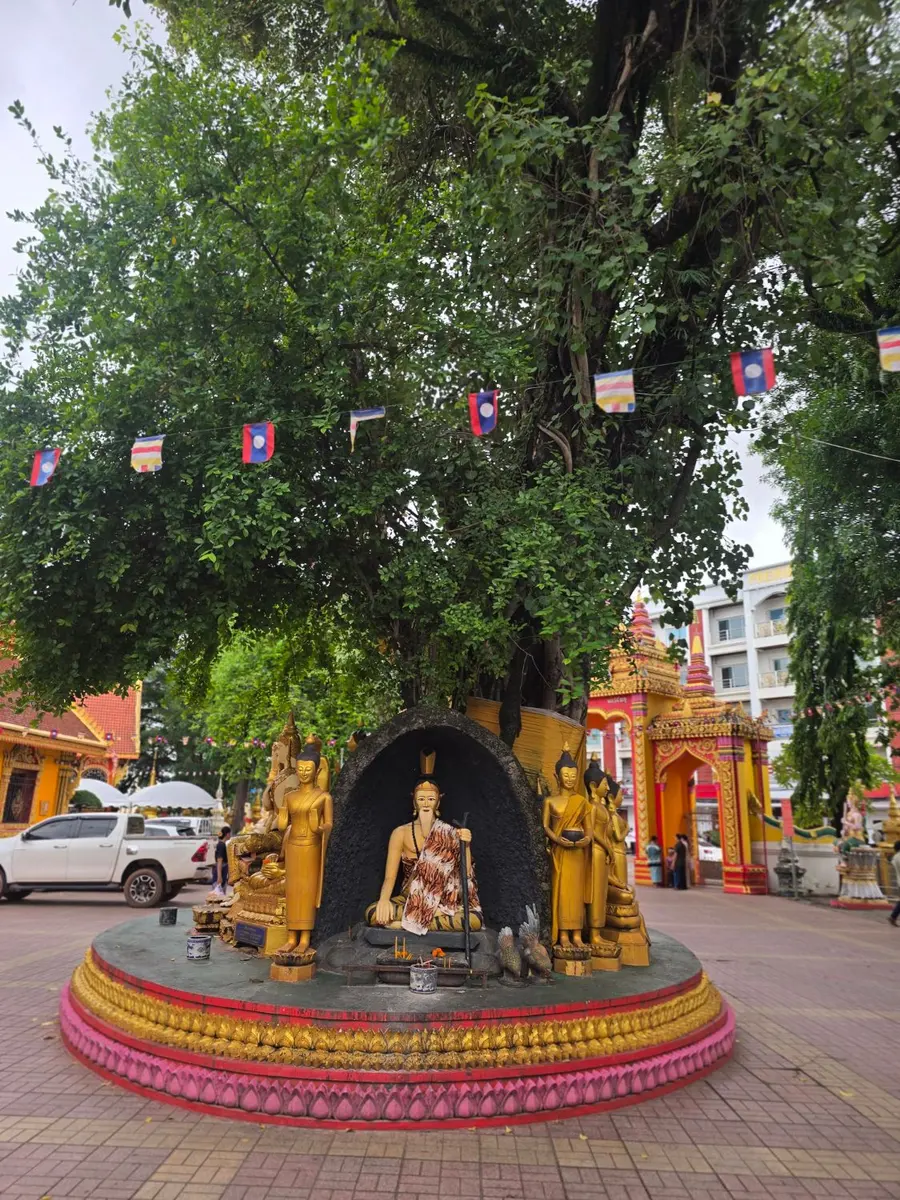ศาลใต้ต้นไม้ใหญ่ในวัดสีเมืองมีรูปฤๅษีและพระพุทธรูปยืน